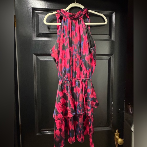 NWOT: Socialite Tiered Halter Satin Vibrant Pink and Black Mini Dress - Picture 4 of 5